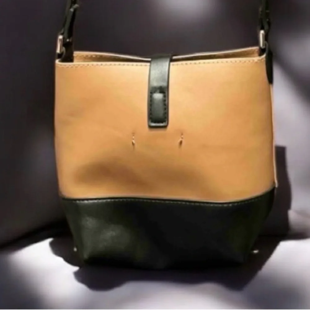 Elegant Tan and Black Crossbody Bag 7x8in with a 22in strap